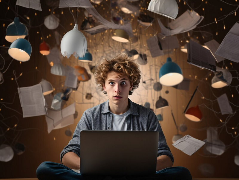 Молодой человек с вьющимися волосами выглядит удивленным, работая за ноутбуком в окружении развевающихся бумаг и висящих лампочек.